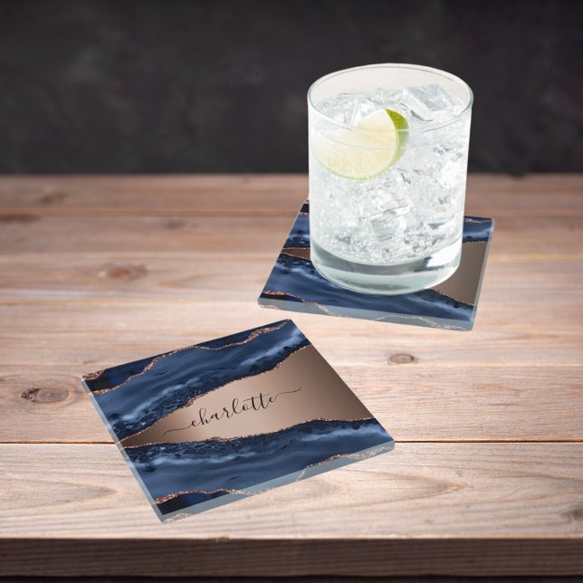 Goldnamensskript der Rose Blauer Marmor Glasuntersetzer (Von Creator hochgeladen)