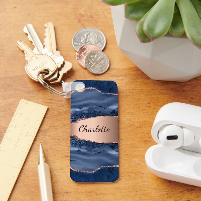 Goldnamensskript der Rose Blauer Marmor Schlüsselanhänger (Schreibtisch)