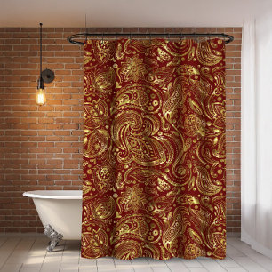 Goldpaisley aus Shiny auf dunkelrotem Hintergrund Duschvorhang
