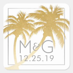 Goldpalm Tree Beach Hochzeitsticker Quadratischer Aufkleber