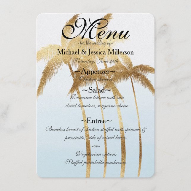 Goldpalm Trees Ombre Wedding Menu Menükarte (Vorderseite)