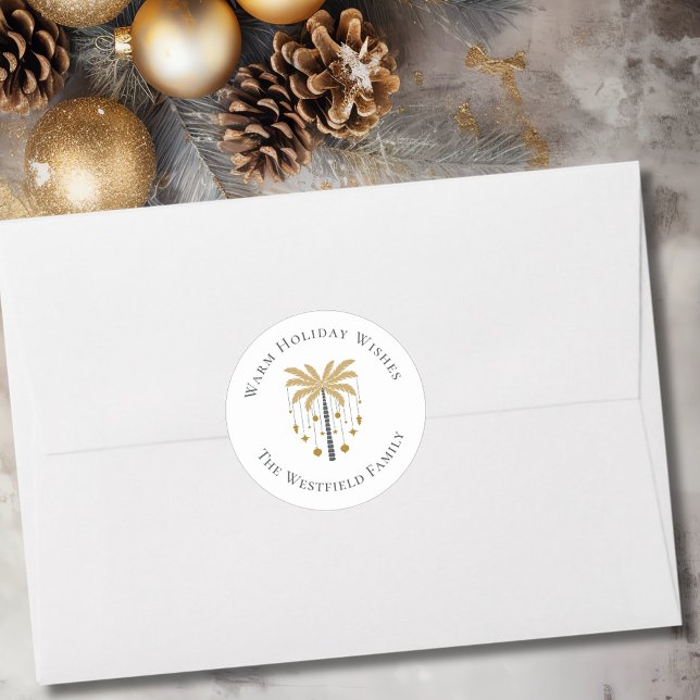 Goldpalme Tree Warme Urlaubswünsche Runder Aufkleber (Gold Palm Tree Warm Holiday Wishes Classic Round Sticker)