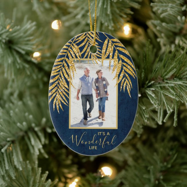 Goldpalmen auf Denim Holiday Weihnachts-Foto Oval Keramik Ornament (Baum)