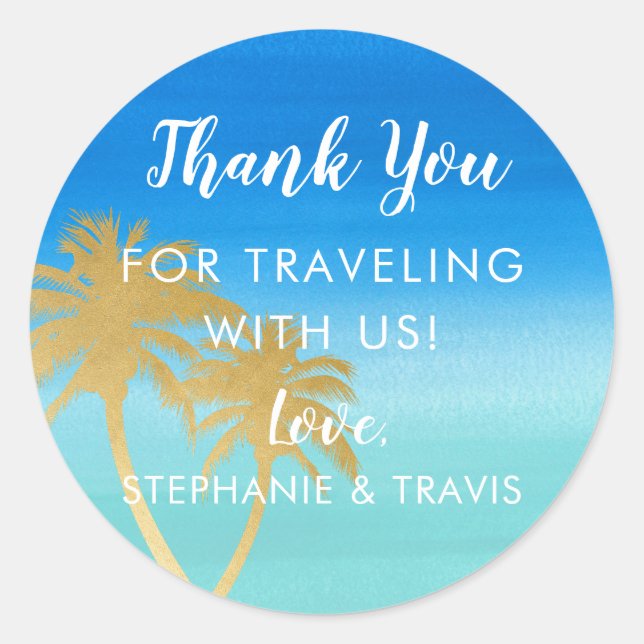 Goldpalmenbaum auf Blue Watercolor Beach Hochzeit Runder Aufkleber (Vorderseite)