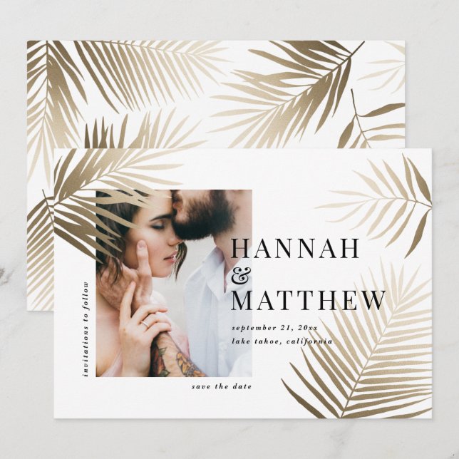 Goldpalmenblatt Save the Date Foto Hochzeit (Vorne/Hinten)