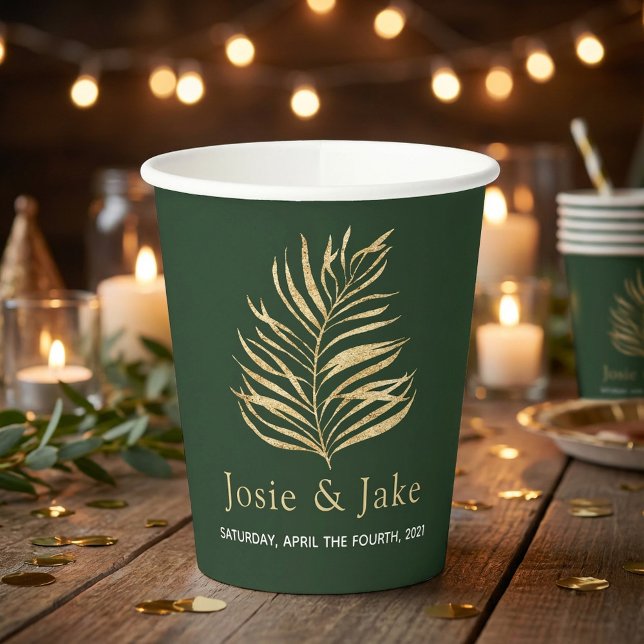Goldpalmenblätter, Hochzeitsnamen und Dattel Pappbecher (Gold palm leaf wedding names and date paper cups.)