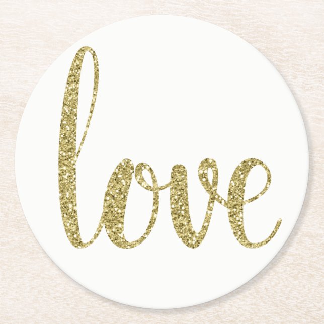 GoldpapierUntersetzer, Liebe, Glitter-Schriftart Runder Pappuntersetzer (Vorderseite)