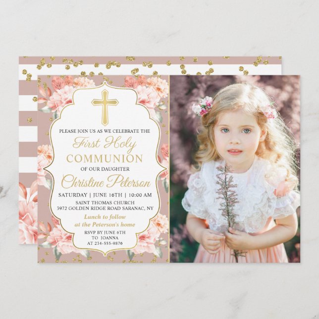 Goldpastel Cora Floral Foto 1. Einladung (Vorne/Hinten)