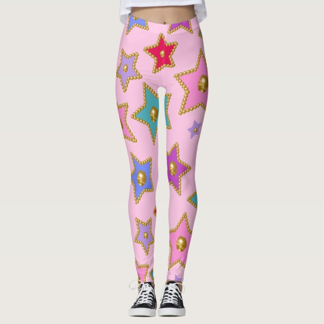 Goldperlen verzierte Farbsteine auf rosa Erde Leggings (Vorderseite)
