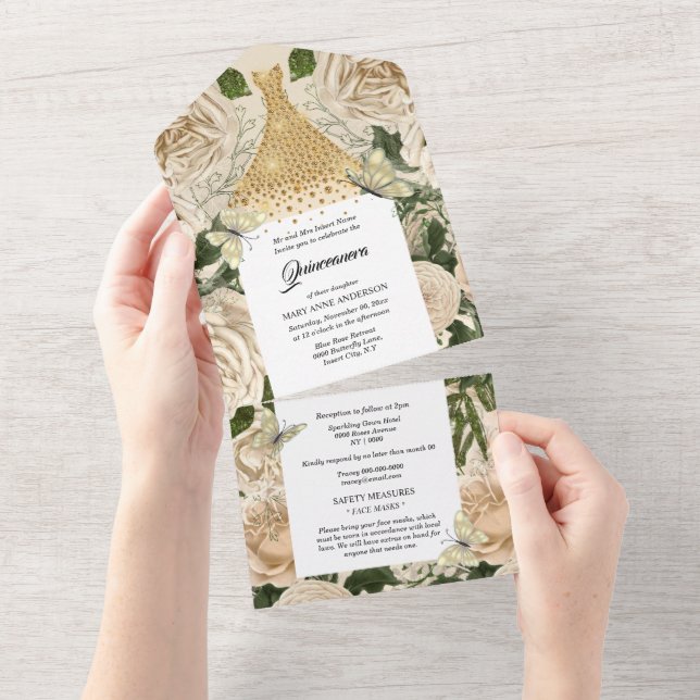 Goldpfirsichschmetterling funkelndes Kraut Geburts All In One Einladung (Abreißen)