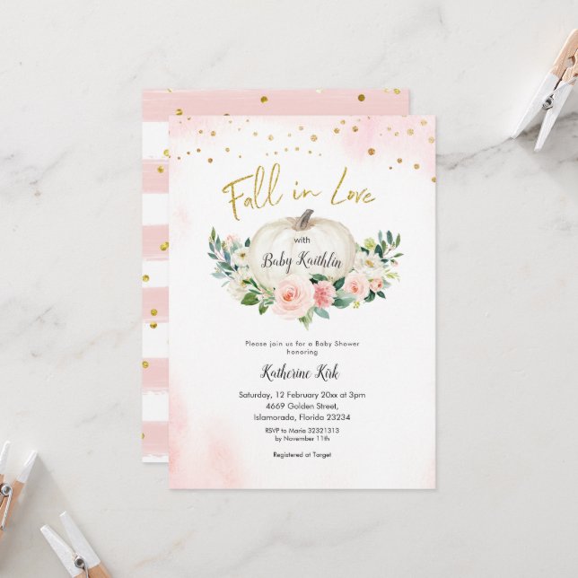 Goldpinken Pumpkin Fall in Liebe Kinderdusche Einladung (Vorderseite/Rückseite Beispiel)