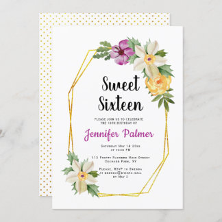 Goldpolygonfarbene Blume 16 . Geburtstag Einladung