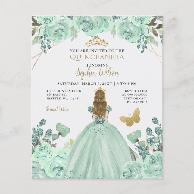 Goldprinzessin Quinceañera Einladung (Vorderseite)