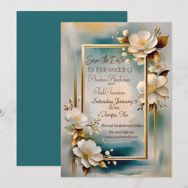 Goldrahmen aquamarine Blume Hochzeit Save The Date (Vorne/Hinten)