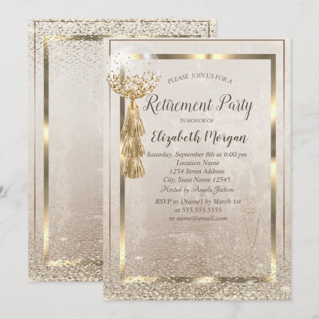 Goldrahmen-Ballon, Glass Confetti-Ruhestand Einladung (Vorne/Hinten)