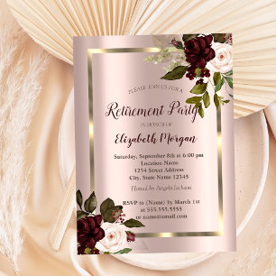 Goldrahmen, Burgunder Rosen, Roségold Ruhestand Einladung