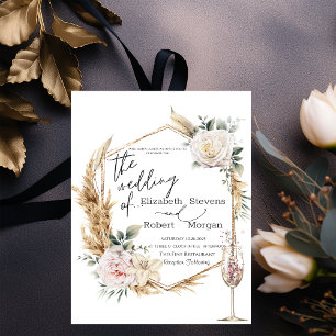 Goldrahmen Champagnerglas Hochzeit mit floralen El Einladung