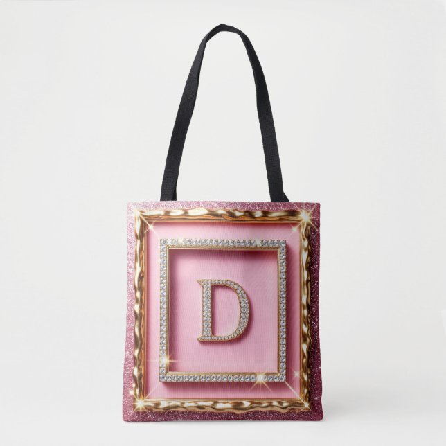 Goldrahmen-Diamant-Anfangsbuchstabe D Rosa Glitter (Vorderseite)