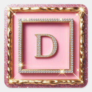Goldrahmen Diamant Anfangsbuchstabe D Rosa Glitter Quadratischer Aufkleber
