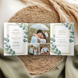 Goldrahmen Eukalyptusblätter Foto Collage Hochzeit Dreifach Gefaltete Einladung