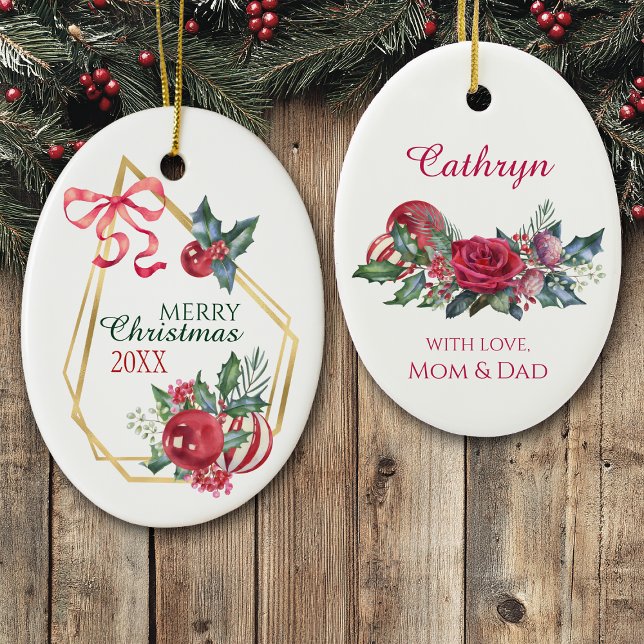 Goldrahmen Holiday Bouquet Red Ribbon Personalisie Keramik Ornament (Von Creator hochgeladen)
