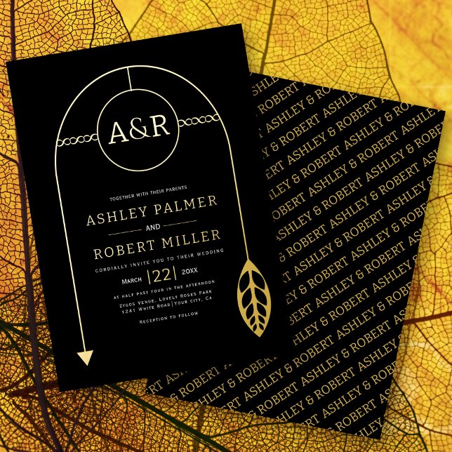 Goldrahmen mit Blatt, Initialen schwarze Hochzeit Folieneinladung (Von Creator hochgeladen)