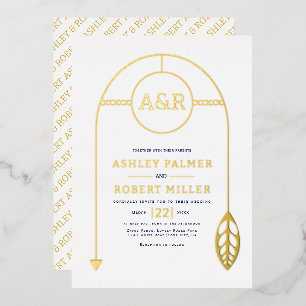 Goldrahmen mit Blatt und Initialen weiße Hochzeit Folieneinladung