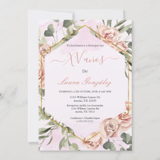 Goldrahmen mit Rose Quinceanera Spanisch Einladung