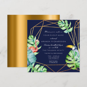 Goldrahmen Monstera Flamingo Tropische Braut Navy Einladung