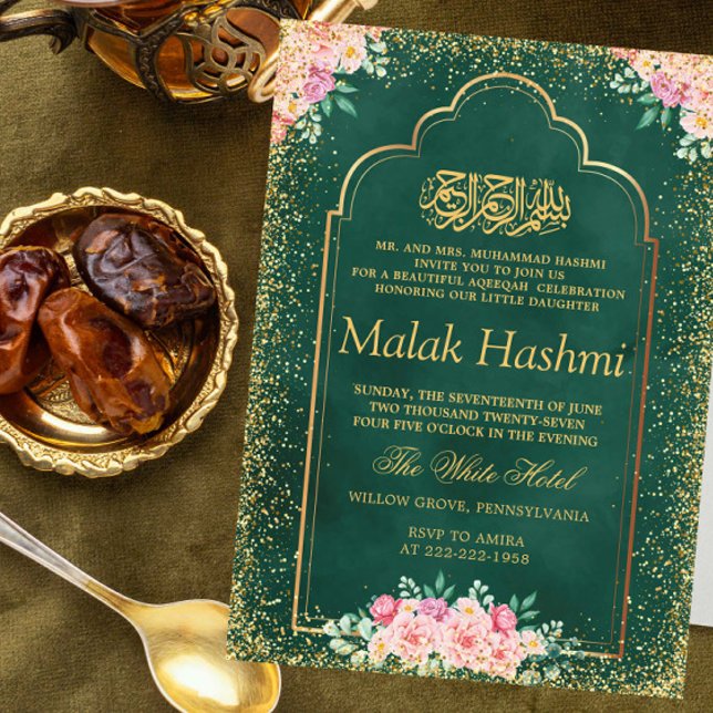 Goldrahmen Rosa florale Grün Islamische Aqiqa Aqee Einladung (Von Creator hochgeladen)