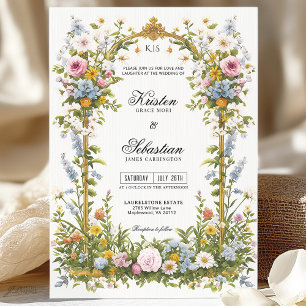 Goldrahmen Rosa und blaue Wildblume Hochzeit Einladung