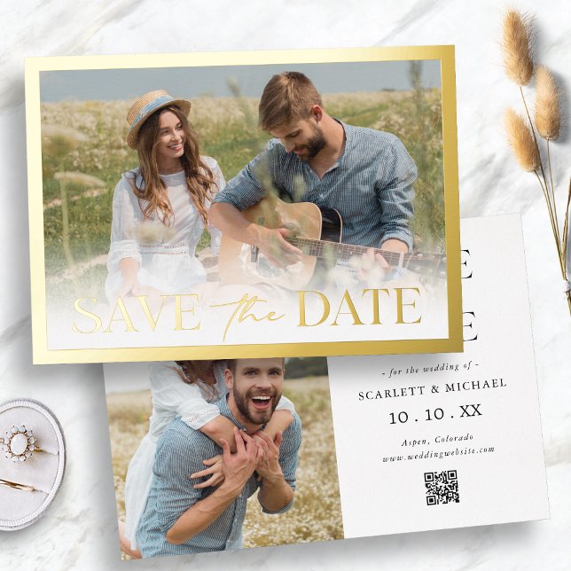 Goldrahmen Save the Date Folieneinladung (Gold Frame Save The Date Foil Invitation QR Code by Painted Paperie
)