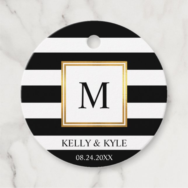 Goldrahmen Schwarz-weiße Streifen Monogram Wedding Geschenkanhänger (Vorderseite)
