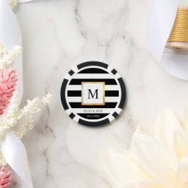 Goldrahmen Schwarz-weiße Streifen Monogram Wedding Pokerchips