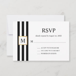 Goldrahmen Schwarz-weiße Streifen Monogram Wedding RSVP Karte