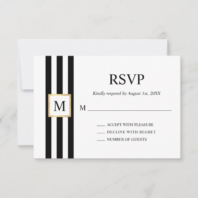 Goldrahmen Schwarz-weiße Streifen Monogram Wedding RSVP Karte (Vorderseite)
