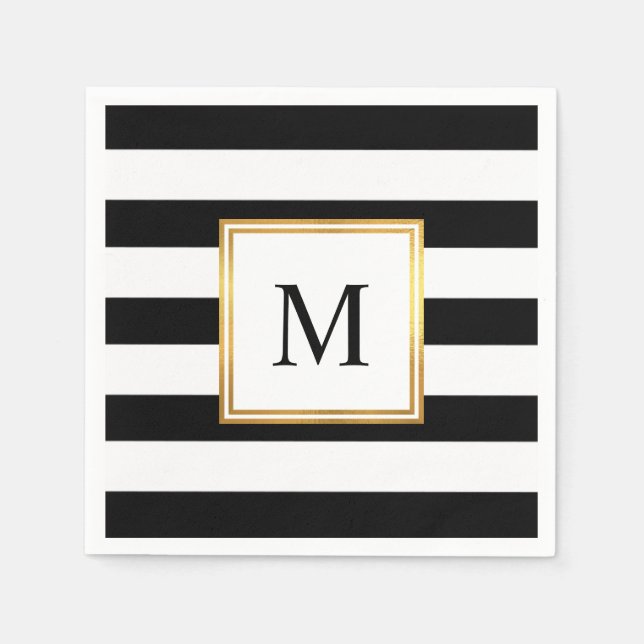 Goldrahmen Schwarz-weiße Streifen Monogram Wedding Serviette (Vorderseite)