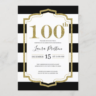 Goldrahmen Schwarze Streifen Glitzer 100. Geburtst Einladung