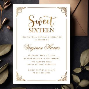 Goldrahmen Verzierte Weiße Sweet Sixteen 16 Geburt Einladung