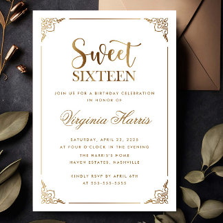 Goldrahmen Verzierte Weiße Sweet Sixteen 16 Geburt Einladung