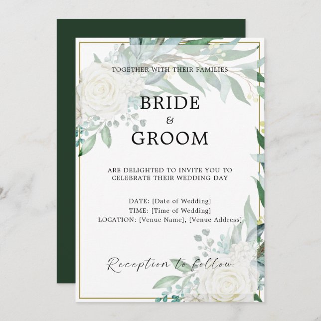 Goldrand Blumengrün Einladung Hochzeit (Vorne/Hinten)