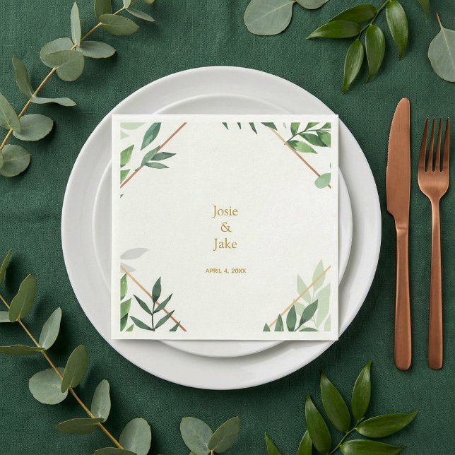 Goldrand, grüne Blätter Hochzeitsnamen, Empfang Serviette (Gold border, green leaves Wedding names, reception Napkins.)