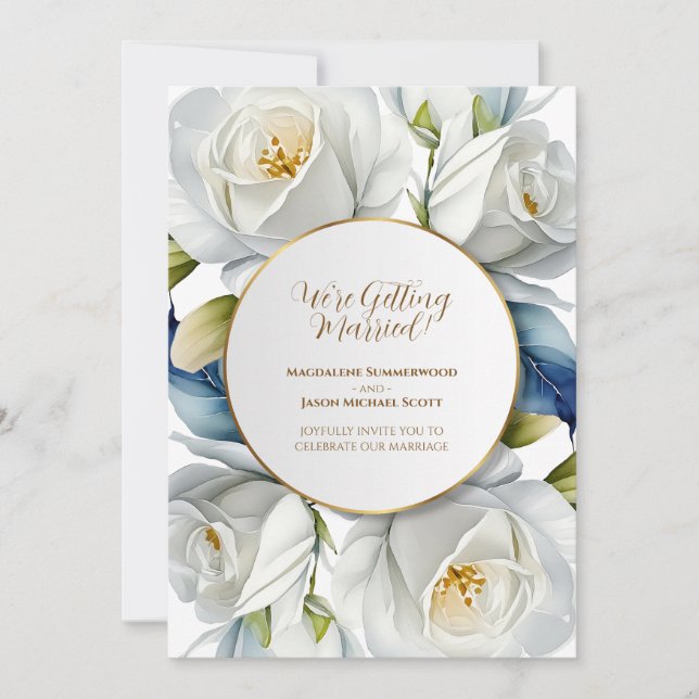 Goldrand Rahmen Weiße Rosen Blumenuntergrund Einladung (Vorderseite)