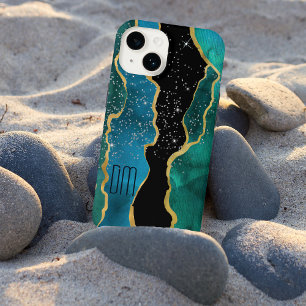 Goldrand Teal Achat Glitzermonogramm iPhone 14 Hülle