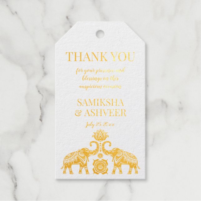 Goldrangoli Elefanten indische Hochzeit danke Geschenkanhänger (Vorderseite)