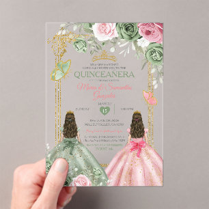 Goldrausch Grün und Rosa Twin Quinceañera Acryleinladungen