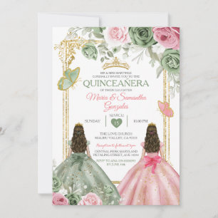 Goldrausch Grün und Rosa Twin Quinceañera Einladung