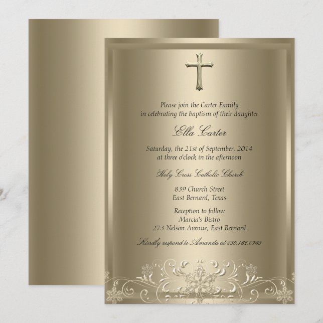 Goldrausch Snowflake & Cross Girl Taufe Einladung (Vorne/Hinten)