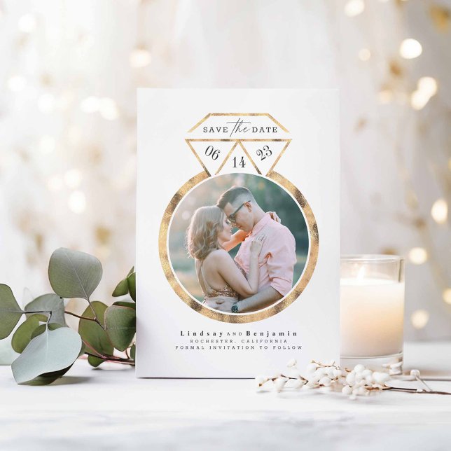 Goldring Modernes und elegantes Save the Date Foto (Save the Date Photo Cards - Gold Ring)