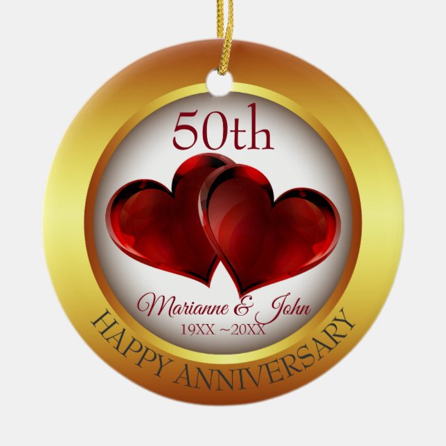 Goldring und rote Herzen Keramik Ornament (Vorne)